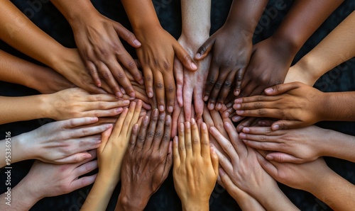 Hands of diverse people connected. The power of voluntary charity work, Stacks of people's hands, Generative AI photo