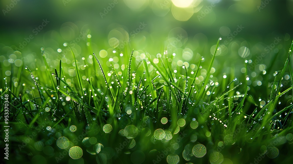 Naklejka premium Stunning Picture of Dewdrop on Green Grass: A Delicate and Enchanting Natural Snapshot. Showcasing the Beauty and Serenity of Tiny Wonders.