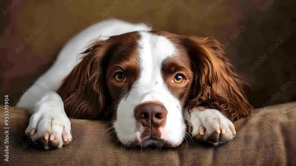 Adorable springer spaniel relaxing on sofa with expressive eyes and floppy ears Adorable springer spaniel relaxing on sofa with expressive eyes and floppy ears