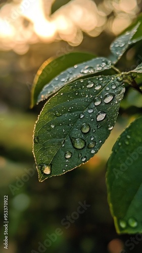 Morning dew glistening on a vibrant green leaf, showcasing delicate details and the serene beauty of nature awakening at dawn.