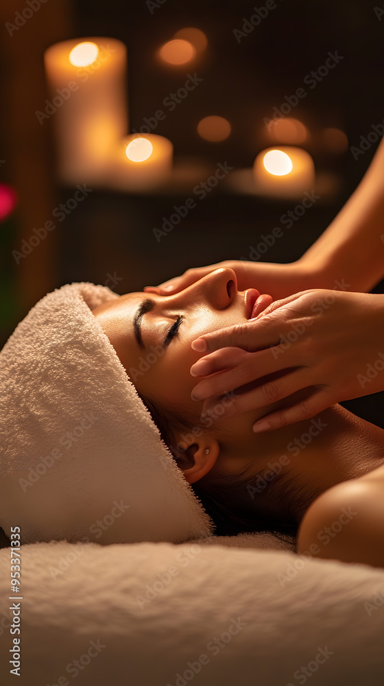 Obraz premium Young beautiful girl having face massage relaxing in spa salon