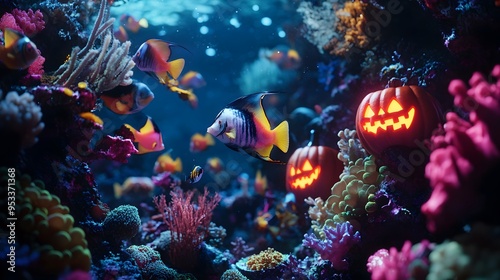 Halloween-themed underwater world with tropical fish and glowing jack-o'-lanterns