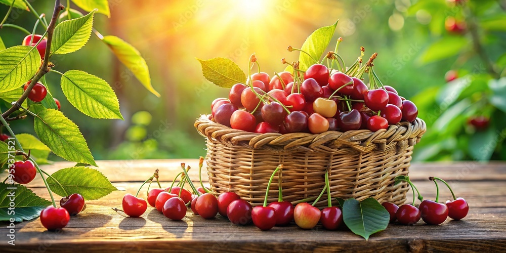 Ripe red cherries overflow from a wicker basket, surrounded by lush green leaves and a few stems, on a weathered wooden table in morning light. Ripe red cherries overflow from a wicker basket, surrounded by lush green leaves and a few stems, on a weathered wooden table in morning light.