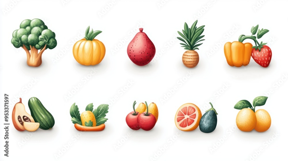 Vibrant Food Icon Set for App: Fruit, Vegetable, Grain Ingredients | Colorful Icons for Healthy Recipes and Nutrition Apps Vibrant Food Icon Set for App: Fruit, Vegetable, Grain Ingredients | Colorful Icons for Healthy Recipes and Nutrition Apps