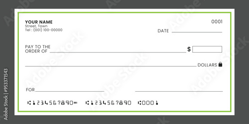 Check Chequebook template. Blank bank cheque for banknote, payment design. Vector
