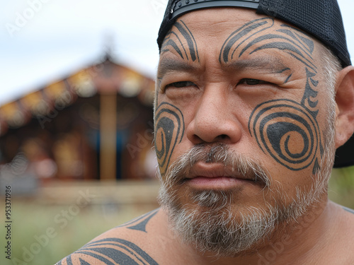 Portrait of a Maori man with facial tattoos (ta moko), New Zealand photo