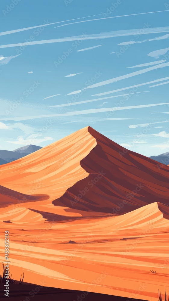 Naklejka premium Majestic Desert Dunes, expansive sandy terrain with towering dunes, vibrant golden hues under a clear blue sky, evoking a sense of vast solitude and natural beauty.