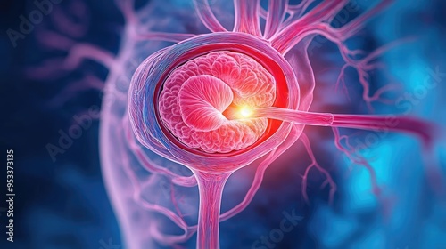 Highly detailed anatomical illustration of an enlarged prostate gland, showing the surrounding tissues, accurate medical representation, cross-sectional view, clear labels