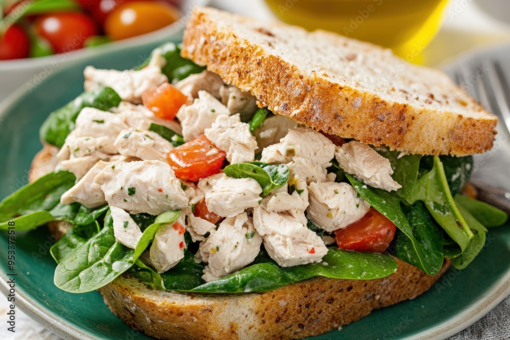Chicken Salad Sandwich with Spinach and Tomato, Served with Vegetable-Olive Oil Dressing Chicken Salad Sandwich with Spinach and Tomato, Served with Vegetable-Olive Oil Dressing