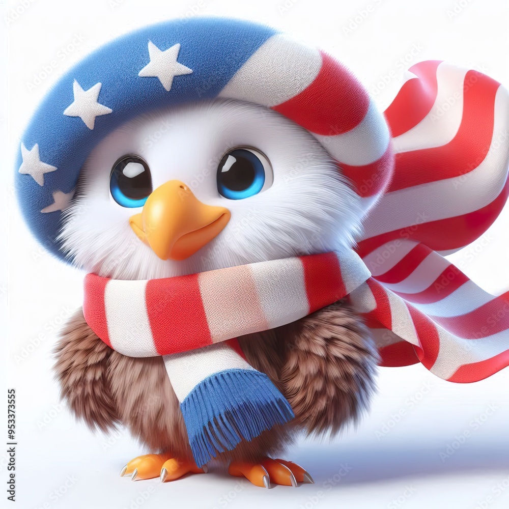 Fototapeta premium Cute 3d fluffy Eagle character with USA style scarf, white background
