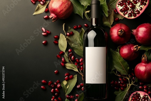 Mockup of red wine bottle with label for branding lying on dark background with pomegranate