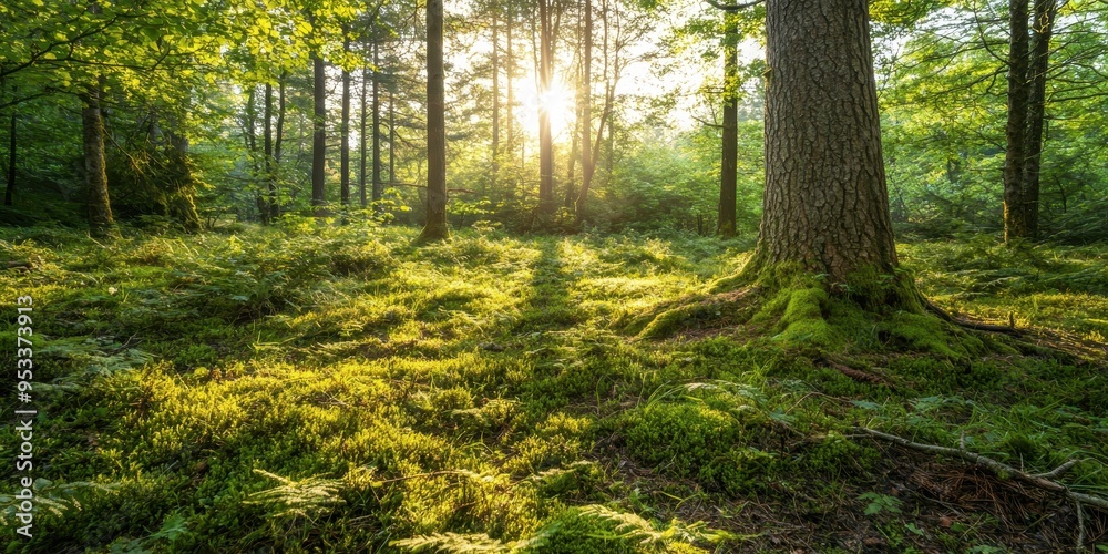 Obraz premium Sunlight Through Trees in a Lush Green Forest