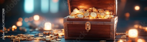 Raider s chest from old times, brimming with fortune and aged treasures, historic loot, 3D illustration photo