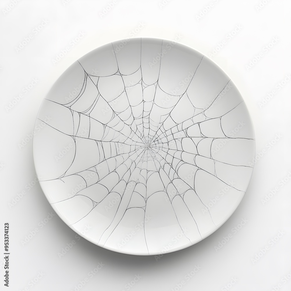 Ceramic plate with spider web design on minimalist white background Ceramic plate with spider web design on minimalist white background