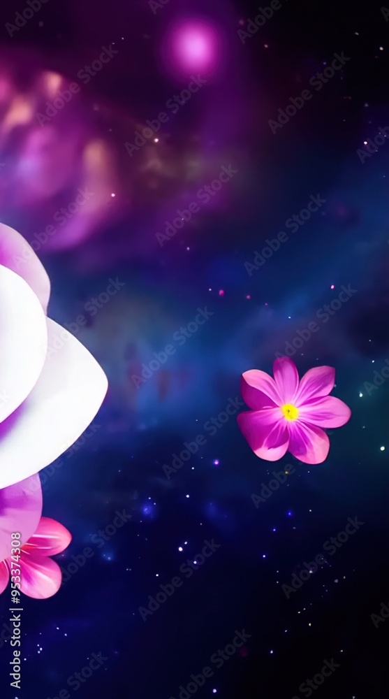 Fototapeta premium A surreal and vibrant illustration showcasing a dreamy space-themed background filled with deep blues, purples, and a smattering of stars. In the foreground, there are pink and white flowers with deli