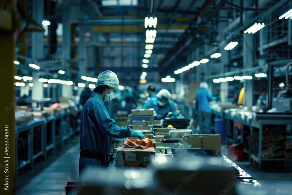 Obraz premium A woman working in a factory setting, focused on processing carrots