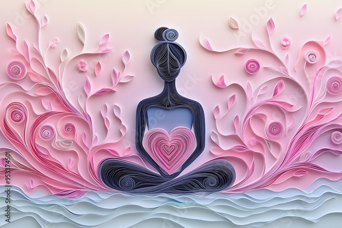 Quilled Silhouette of Woman in Meditative Pose with Pink Ribbon Over Heart, Symbolizing Peace