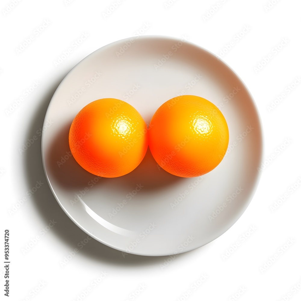 Minimalist arrangement of two oranges on a white plate in bright light Minimalist arrangement of two oranges on a white plate in bright light
