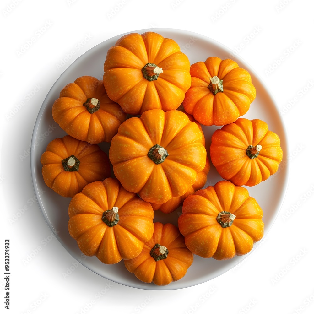 Vibrant orange mini pumpkins on white plate - autumn minimalism and seasonal decor Vibrant orange mini pumpkins on white plate - autumn minimalism and seasonal decor