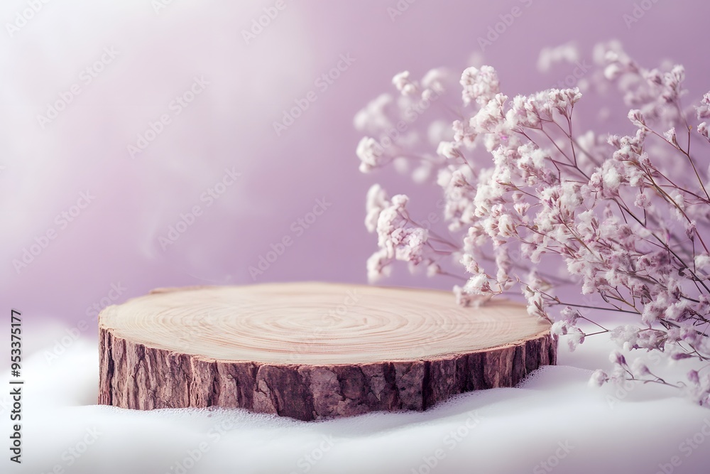 A wooden slice surrounded by white foams white flowers , a purple background,product photography, a minimalist style, an e-commerce design display stand A wooden slice surrounded by white foams white flowers , a purple background,product photography, a minimalist style, an e-commerce design display stand