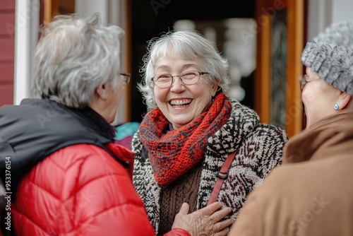 Parishioners greet with hugs and smiles at the entrance of a quaint cheerful church
