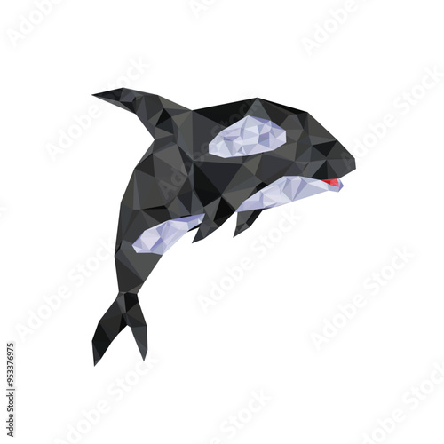 A vector of triangular art of whales jumping on white background.