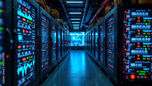 Perspective View of a Data Center with Server Racks on Both Sides, Featuring Blinking Lights and Cables, Leading to a Brightly Lit Background Representing Modern Data Storage and Processing Facilities