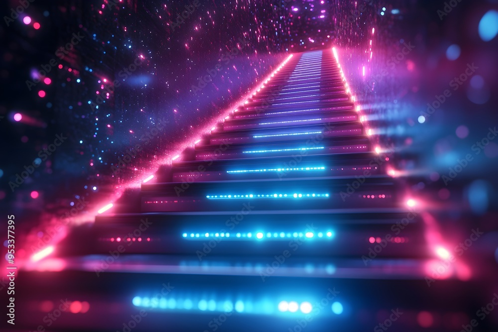 A staircase with blue and red lights that is lit up A staircase with blue and red lights that is lit up