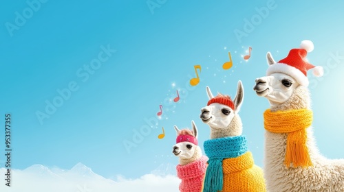 Festive Christmas Llama Leading Carol Singing Group - Watercolor Illustration with Musical Notes and Holiday Decorations photo