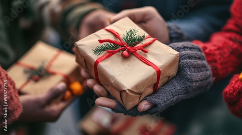 close-up of hands giving out Christmas care packages as part of a holiday volunteering effort