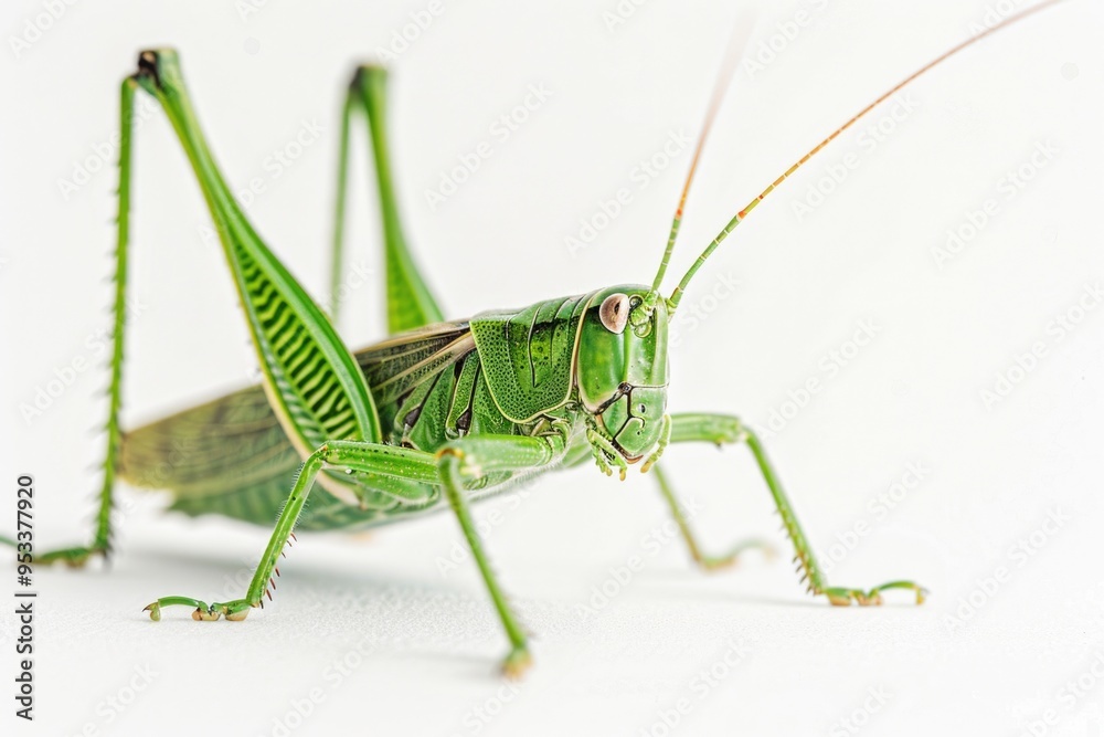 A close-up shot of a grasshopper sitting on a white surface, ideal for use in educational materials, insect-themed designs, or as a decorative element A close-up shot of a grasshopper sitting on a white surface, ideal for use in educational materials, insect-themed designs, or as a decorative element