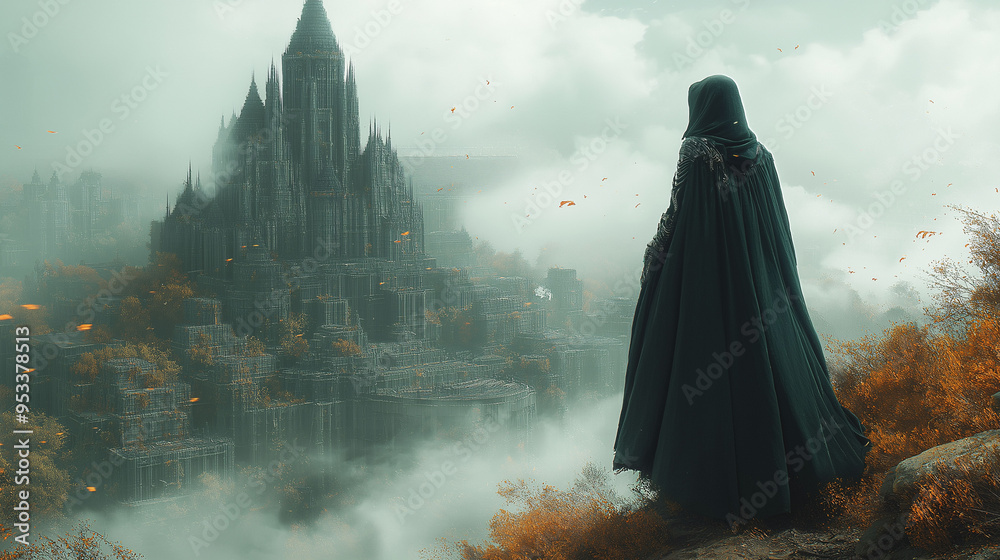 Mysterious Figure Gazing at Foggy Gothic Cityscape Mysterious Figure Gazing at Foggy Gothic Cityscape