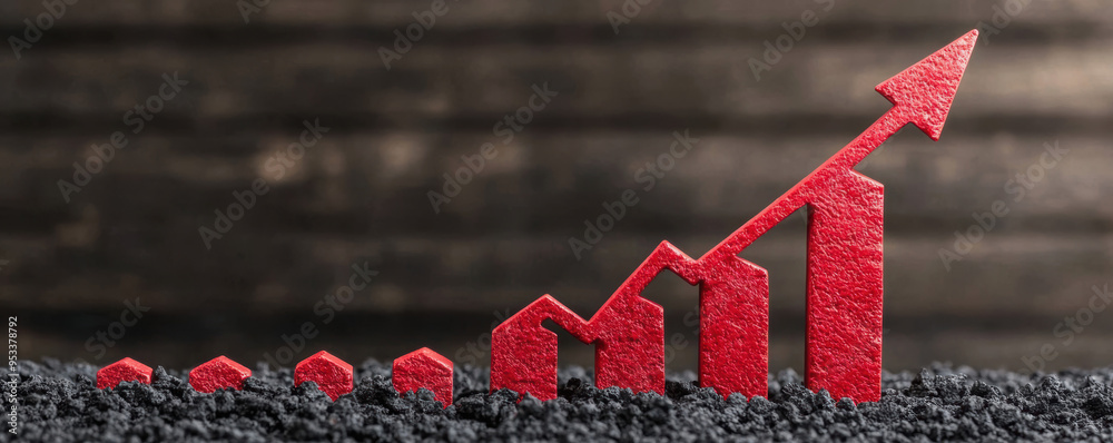 Red arrow showing upward growth on a bar graph, symbolizing business ...