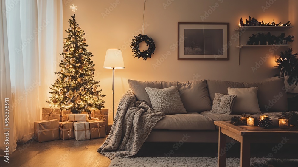 Fototapeta premium cozy minimalist Christmas living room, with understated decorations and a calming atmosphere