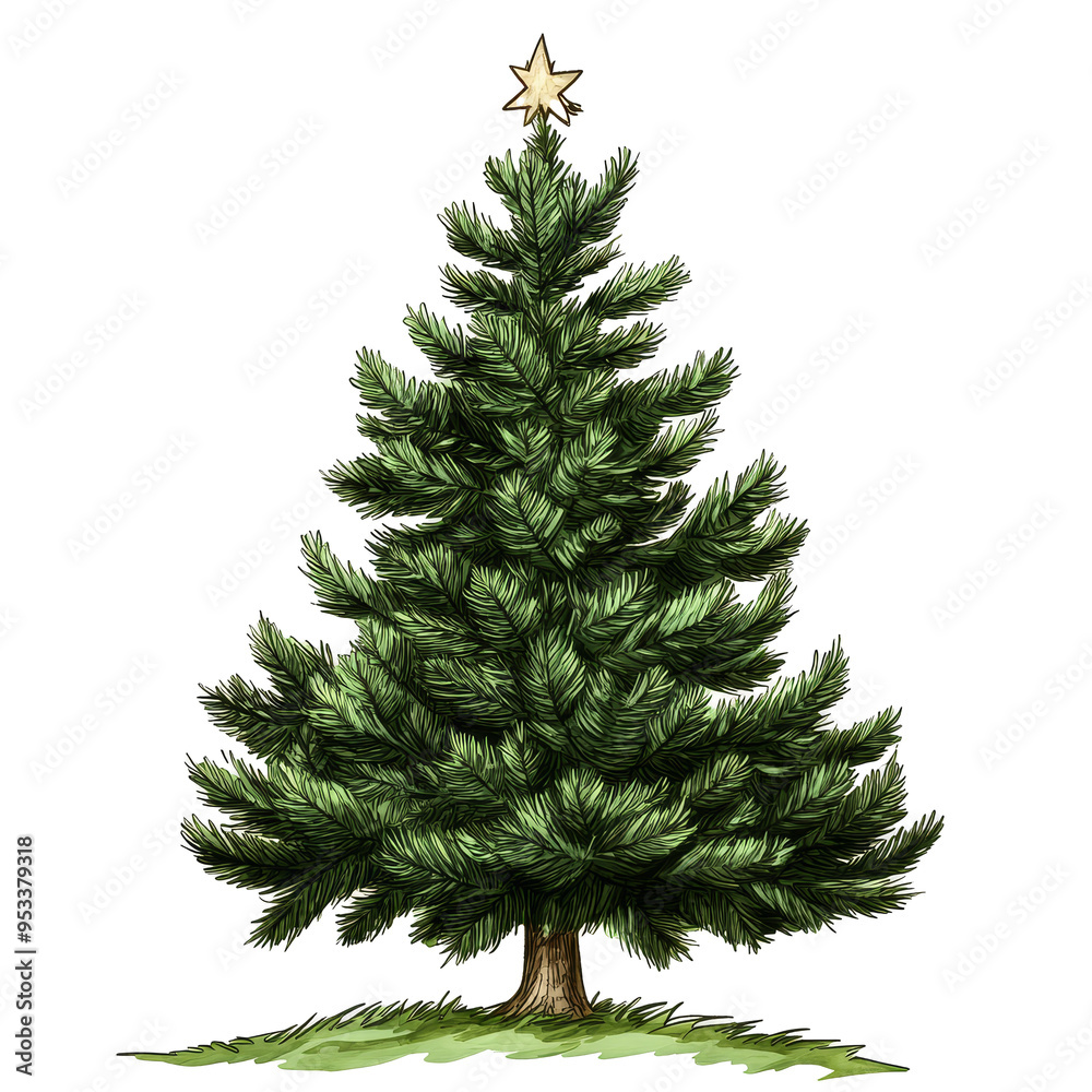 Fototapeta premium A beautifully illustrated Christmas tree adorned with a star, symbolizing holiday cheer and seasonal celebrations, christmas tree illustrationislated on transparent background