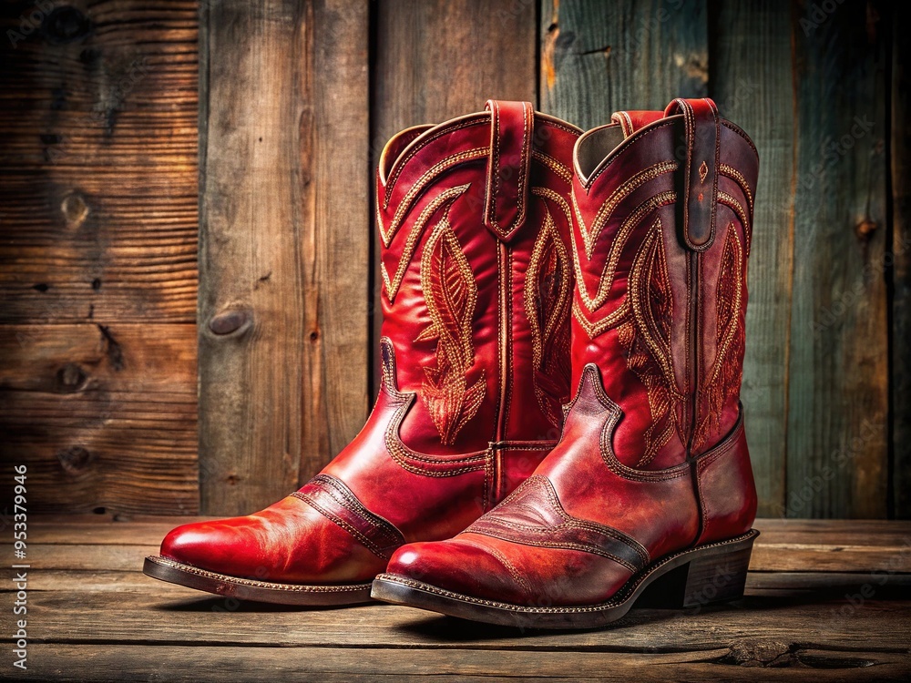 Rugged, worn, and weathered red leather western boots stand upright on a dusty wooden floor, adorned with intricate stitching and decorative metal accents. Rugged, worn, and weathered red leather western boots stand upright on a dusty wooden floor, adorned with intricate stitching and decorative metal accents.