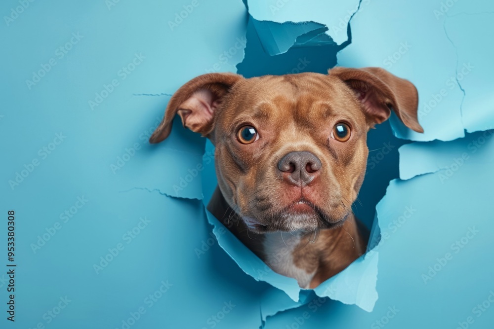 Cute dog looking through hole torn in blue paper. Copy space for text Cute dog looking through hole torn in blue paper. Copy space for text