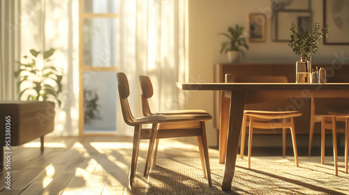 Modern interior. This is a partial photo of the minimalist interior of a house with a wooden table and chairs in warm sunlight. Generative AI