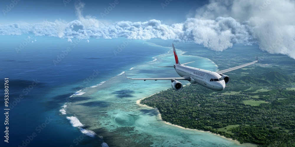 Obraz premium An airplane flying over a tropical island.