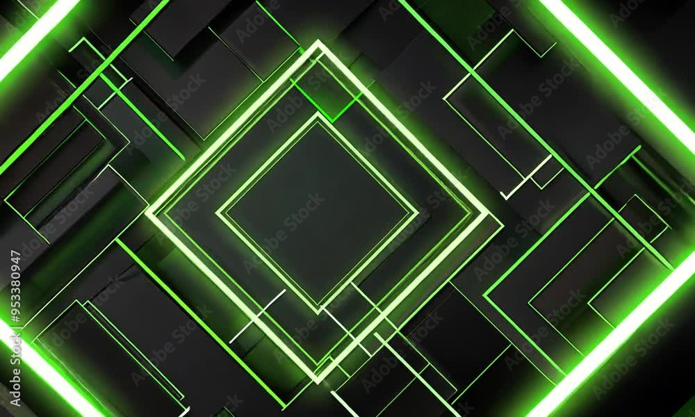 Abstract movement of neon green squares on a black background Abstract movement of neon green squares on a black background