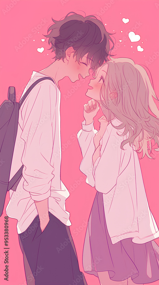 Young male and female anime couple dating, vertical simple background Young male and female anime couple dating, vertical simple background