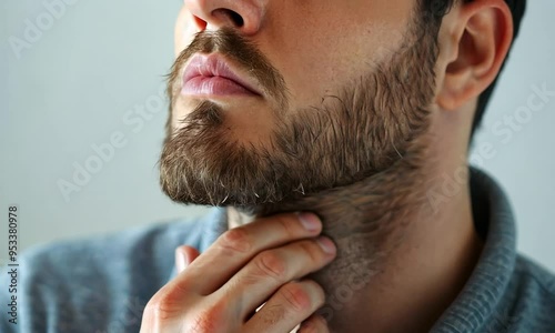 The man touches his throat. Close-up