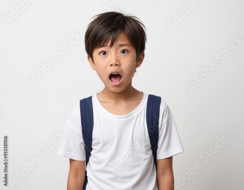 there is a young boy with a backpack making a funny face.