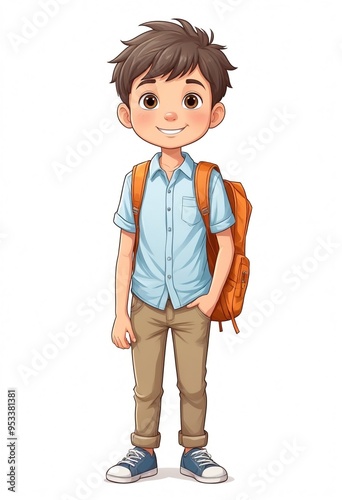 cartoon boy with backpack standing and smiling.