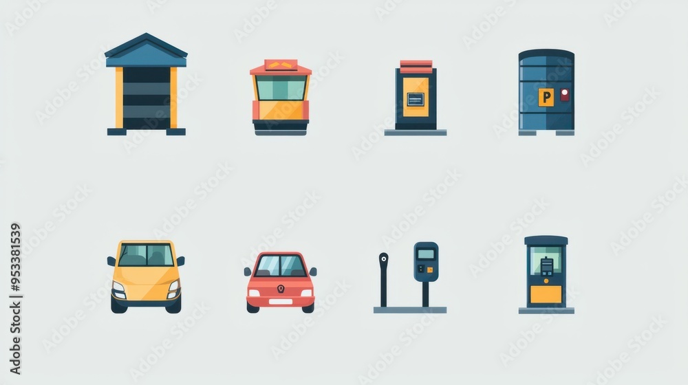Modern Flat Vector Transportation App Icon Set for Parking Facilities: Garages, Lots, Meters Modern Flat Vector Transportation App Icon Set for Parking Facilities: Garages, Lots, Meters
