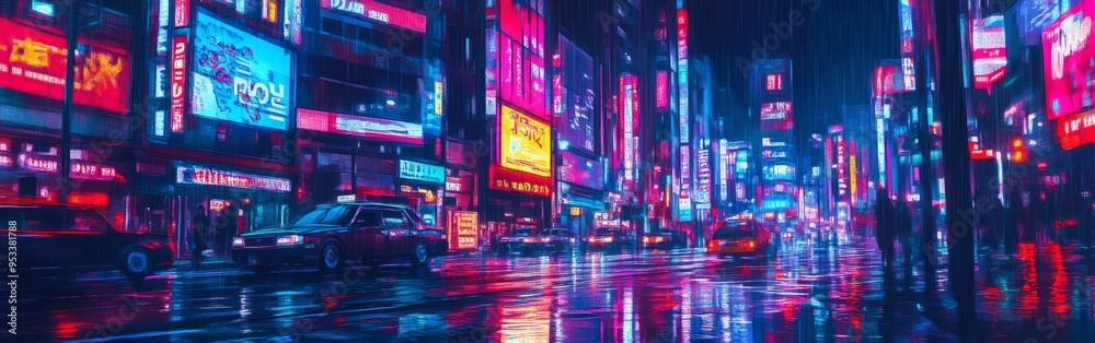 Obraz premium Vibrant Tokyo Nightscape, bustling streets illuminated by neon signs, lively crowds, and reflections on wet pavement, capturing the electric energy of urban nightlife