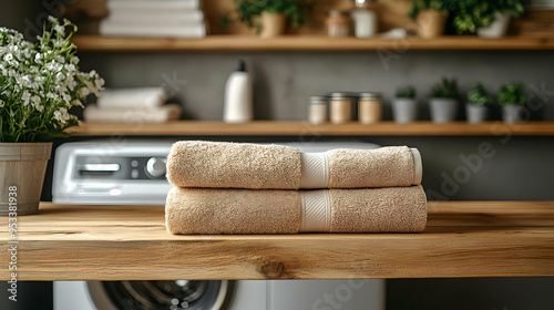 Two neatly folded beige tow...