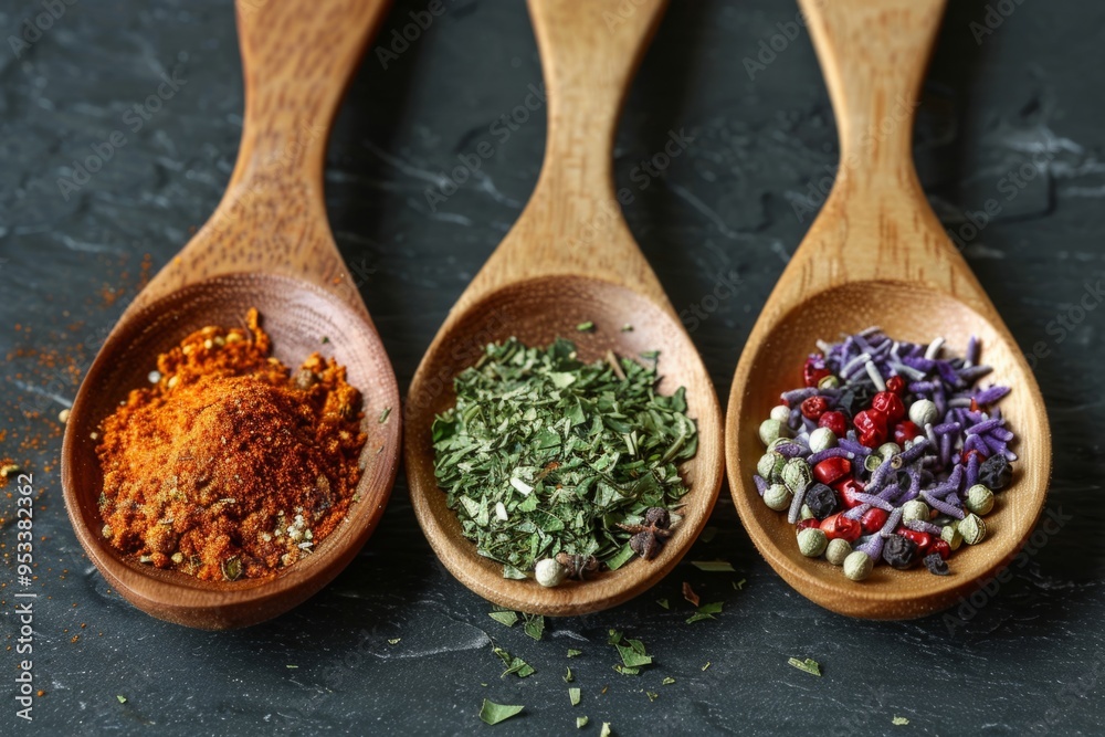 Aromatic spices in wooden spoons on dark background