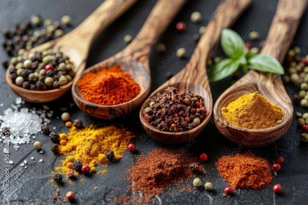 Aromatic spices in wooden spoons on dark background Aromatic spices in wooden spoons on dark background