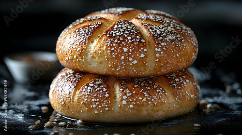 Two round bread buns with a...
